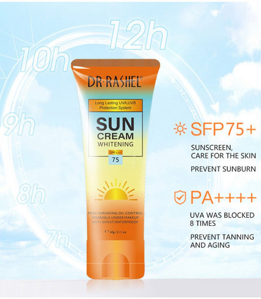 DR.RASHEL SUN Cream Whitening SPF 75+++ Ultimate Sun Protection & Brightening β sunscreen on white background