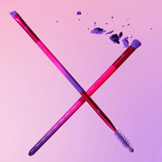 Real Techniques Real Techniques Galactic Glo Shadow & Brow Makeup Brush Duo Perfect Precision for Eyes & Brows β makeup brush on white background