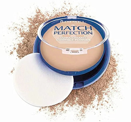 Rimmel Match Perfection Ultra Creamy Compact Powder Flawless Finish — setting powder on white background