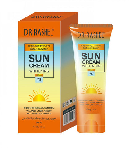 DR.RASHEL SUN Cream Whitening SPF 75+++ Ultimate Sun Protection & Brightening — sunscreen on white background