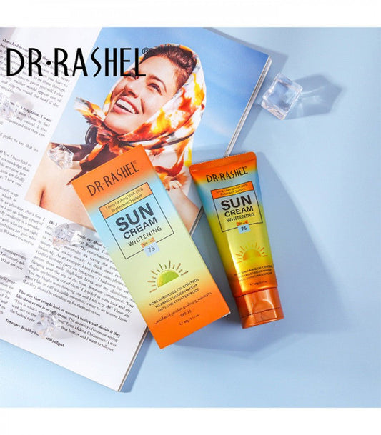 DR.RASHEL SUN Cream Whitening SPF 75+++ Ultimate Sun Protection & Brightening — sunscreen on white background