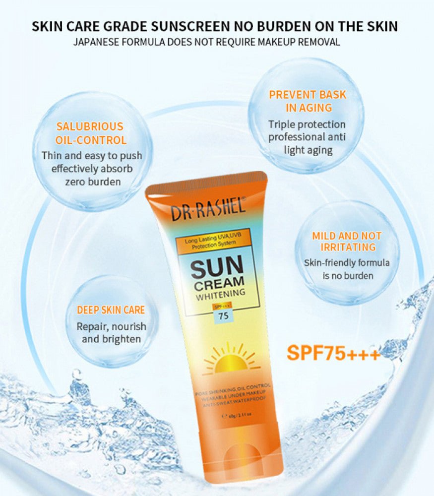 DR.RASHEL SUN Cream Whitening SPF 75+++ Ultimate Sun Protection & Brightening — sunscreen on white background