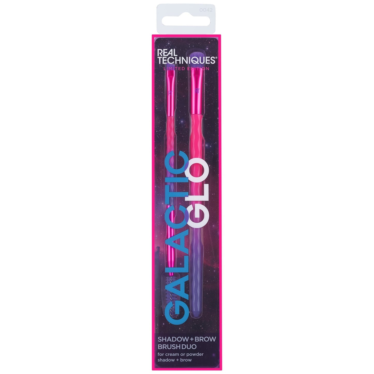 Real Techniques Real Techniques Galactic Glo Shadow & Brow Makeup Brush Duo Perfect Precision for Eyes & Brows — makeup brush on white background