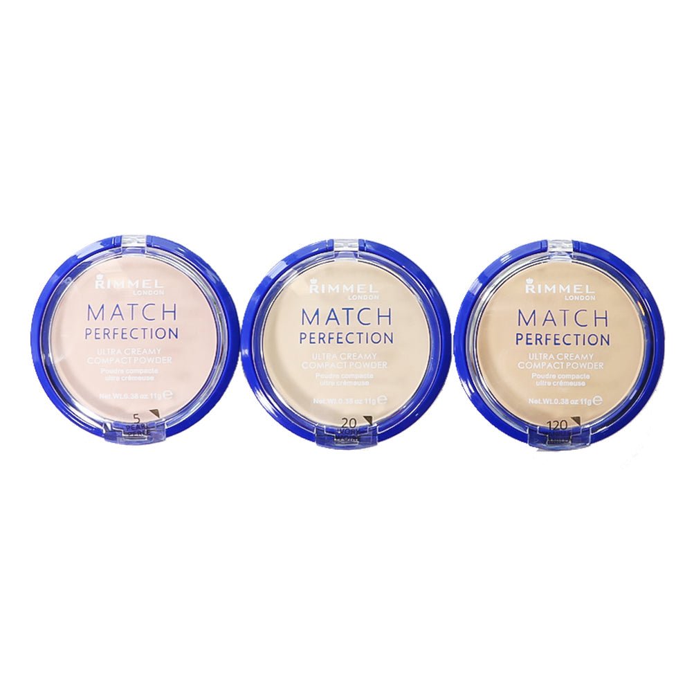 Rimmel Match Perfection Ultra Creamy Compact Powder Flawless Finish — setting powder on white background